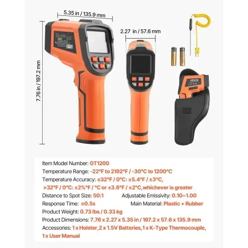 VEVOR Infrarot Thermometer -30℃~1200℃, Digitales IR-Temperaturmessgerät mit LCD-Beleuchtung Typ-K-Thermoelement & Dual-Laser, Berührungslose Temperaturpistole für Kochen Industrie (Nicht für Menschen) – Bild 6