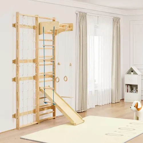 VEVOR schwedische Leiterwand 8 in 1 12-stufiges Kletterspielzeug aus Massivholz 100 kg belastbares Indoor-Klettergerüst mit Kletterbrett Turnringen Klimmzugstange Wandleiter Rutsche Schaukel – Bild 7