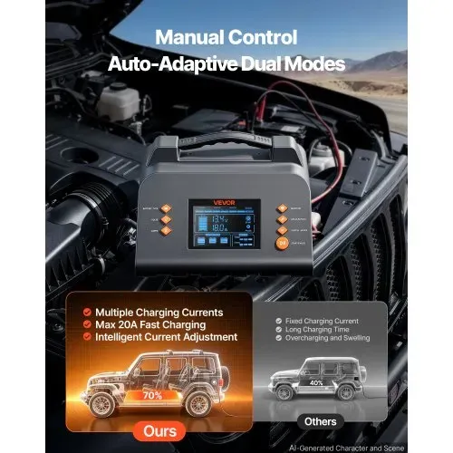 VEVOR Smart-Batterieladegerät 20 A 6/12/24 V für LiFePO4 Bleiakku Ladegerät für Pkw, Wohnmobile, Lkw und Boote, mit 7-Stufen-Laden, Pulsdesulfatierung, LCD-Anzeige & Überspannungs- und Verpolungsschutz – Bild 3