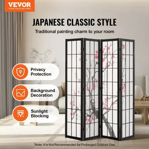 VEVOR 4-teiliger japanischer Raumteiler faltbarer Sichtschutz aus Holz Indoor, Trennwände mit Kirschblütenmalerei tragbare Dekorationsschirme zur Raumtrennung für Restaurant & Schlafzimmer VEVOR 4-teiliger japanischer Raumteiler faltbarer Sichtschutz aus Holz Indoor, Trennwände mit Kirschblütenmalerei tragbare Dekorationsschirme zur Raumtrennung für Restaurant & Schlafzimmer