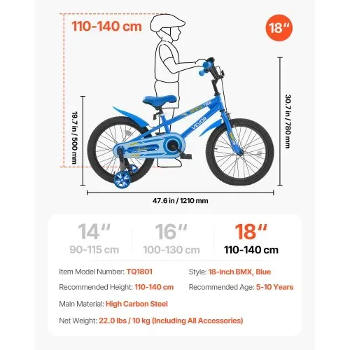 VEVOR Kinderfahrrad, 18 Zoll BMX-Stil-Fahrrad mit Stützrädern, empfohlene Kindergröße 110-140 cm, robust & einfach zu montieren, Kleinkinderfahrrad für Jungen & Mädchen zum Fahrradlernen, blau – Bild 6