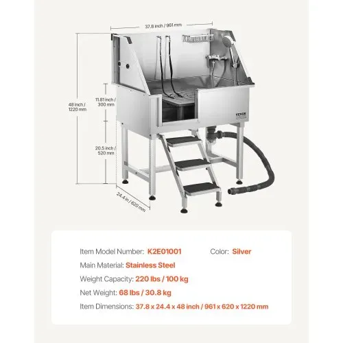 VEVOR Hundewaschstation aus Edelstahl, 961x620x1220 mm, Tierpflegewanne mit Ablagetreppe, Wasserhahn, Duschkopf & Seifenhalter, Hundebadewanne für große, mittelgroße & kleine Haustiere (linke Tür) – Bild 6
