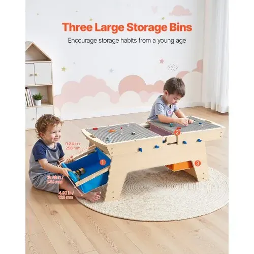 VEVOR Kindertisch 905 x 497 x 393 mm, Aktivitätstisch aus Holz, Mehrzweck-Spieltisch mit 200 Bausteinen und 3 Aufbewahrungsbehältern, Bausteintisch, Geschenk für Kinder ab 3 Jahren, Holzfarbe – Bild 4