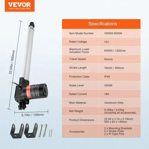VEVOR 6000N Linear Actuator DC 12V Linearantrieb IP44 Elektrischer Linearmotor 350mm Hublänge Geräuschpegel ≤50dB Elektrische Türöffner 5mm/s Fahrgeschwindigkeit Lineartechnik Verstellantrieb – Bild 6