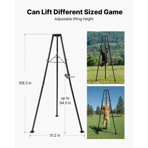 VEVOR Game Hoist, 227 kg Tragkraft, Jagd-Wildhebezeug mit Seilwinde und Gambrel, Wildaufhänger, Jagdspiel Zubehör zur Enthäutung und Reinigung von Jagdwild, 1300 x 1100 x 2750 mm, Schwarz – Bild 3