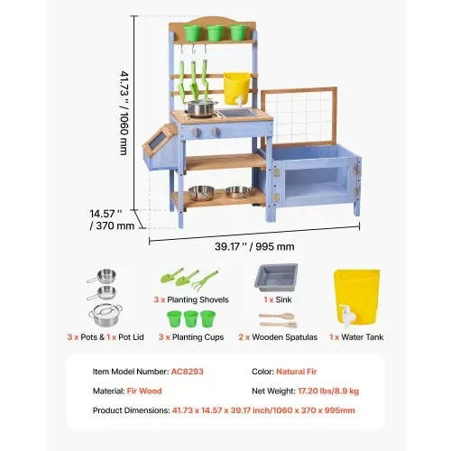 VEVOR Spielküche, Kinderküche, Spielzeugküche aus Holz mit Pflanzkasten, Wassertank, Spülbecken, Kochgeschirr & Zubehör, Holzküche für Rasen & Garten, für Kinder ab 3 Jahren, 1060x370x995mm – Bild 6