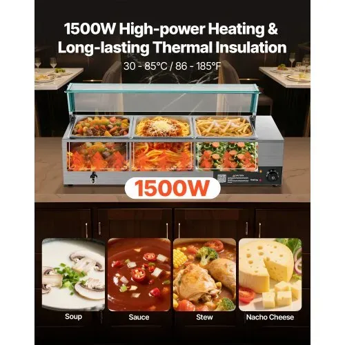 VEVOR kommerzieller Speisenwärmer (3 x 1/2 Größe Behälter), 1,5 kW elektrischer Wärmebehälter aus Edelstahl mit Glasabdeckung & Suppenkelle, Chafing Dishes für Catering Restaurant Party VEVOR kommerzieller Speisenwärmer (3 x 1/2 Größe Behälter), 1,5 kW elektrischer Wärmebehälter aus Edelstahl mit Glasabdeckung & Suppenkelle, Chafing Dishes für Catering Restaurant Party