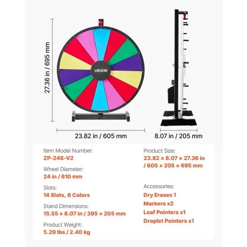 VEVOR Glücksrad Drehrad (61 cm) 14 Slots Glücksrad mit Ständer, Lotteriespiele Gewinn-Roulette mit Tafelschwamm & 2 Markern, 6 Farben, Spinning Prize Wheel ideal für Party Kneipe Messe – Bild 6