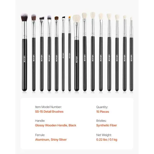 VEVOR Pinselset Makeup, 15-teiliges professionelles Schminkpinsel Set für Grundierung, Lidschatten, mit weichen synthetischen Borsten, ergonomischem Holzgriff, Aluminiumzwinge, für Gesicht, Augen – Bild 6