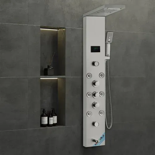 VEVOR Duschpaneelsystem, 6 Duschmodi, LED- und Bildschirm-Wasserkraft-Duschpaneelturm, Regenfall, Wasserfall, 8 Massagedüsen, Wannenauslauf, Handbrause, Wandduschset aus Edelstahl – Bild 7