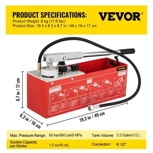 VEVOR Prüfpumpe Abdrückpumpe Druckprüfpumpe Füllpumpe Befüllpumpe Druckprobepumpe Hydrostatische Testpumpe Hydraulikdruckprüfpumpe 60 bar / 860 psi / 6 MPa Wasserdruckprüfer 12 L Tankvolumen – Bild 6