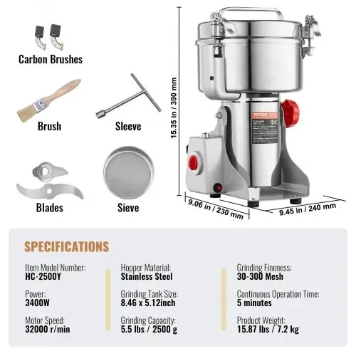 VEVOR elektrische Getreidemühle Hochgeschwindigkeits-Maismühle 2500 g 3400 W, Pulverisiermaschine aus Edelstahl, für trockene Körner Gewürze Müsli Kaffee Mais Pfeffer Schwenktyp 24 x 23 x 39 cm – Bild 6
