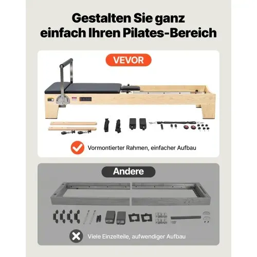 VEVOR Pilates Reformer Trainingsgerät aus Holz für den Einsatz im Heim-Fitnessstudio, Pilates-Bett mit doppeltem Widerstand – Feder & Kordel, Ausrüstung mit Sitzbox , bis zu 181,44 kg – Bild 3