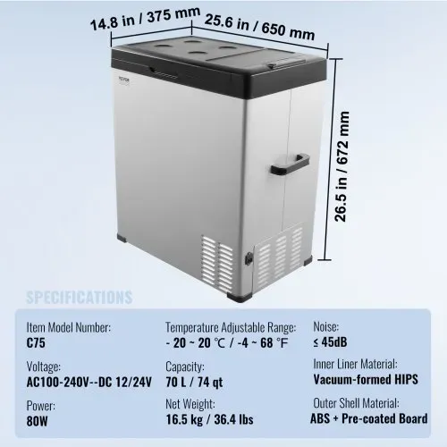 VEVOR Autokühlschrank, 12-Volt-Autokühlschrank, tragbarer 70-Liter-Einzelzonen-Gefrierschrank, einstellbarer Bereich von -4℉ bis 68℉, 12/24 V DC und 100-240 V AC-Kompressorkühler für Outdoor, Camping, Wohnmobil – Bild 6