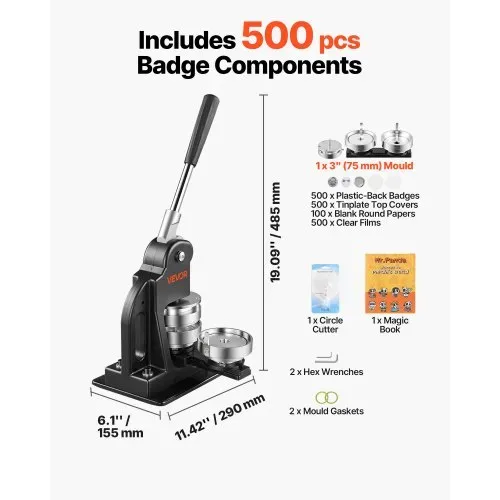 VEVOR Buttonmaschine 75 mm Badgemaker 500 Buttonrohlingen Schwarz, mit Kreisschneider Zauberbuch & Sechskantschlüsseln für DIY-Anstecker Pins Kühlschrankmagnete & Schlüsselanhänger – Bild 6