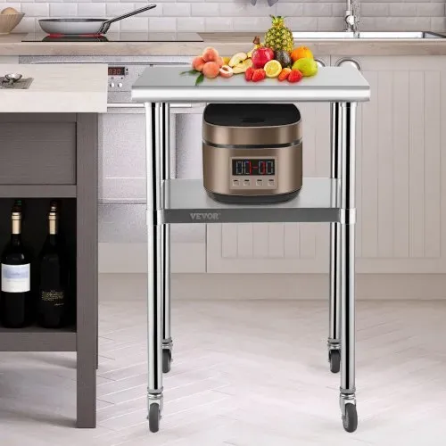 VEVOR Kommerzieller Edelstahltisch 61 x 61 x 91,4 cm, Rollbarer Zweilagiger Arbeitstisch Zerlegetisch Gastro 181,4 kg + 91 kg Tragfähigkeit, Gewerbe Küchentisch, Zubereitungstisch Küchenmöbel – Bild 7