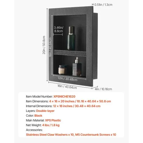 VEVOR Duschnische, 10,16x40,64x50,8 cm, Wandnische mit beweglichem Trennregal, Seifen- & Shampoo-Aufbewahrungs-Organizer, rechtwinklige Ecken, schwarz für Badezimmerdusche – Bild 6