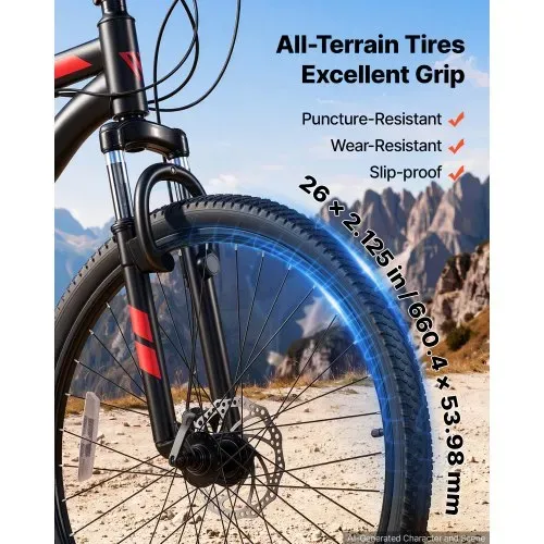 VEVOR Mountainbike für Damen Herren 26 Zoll Fahrrad 21-Gang Schwarz Rot Ideal für Erwachsene, Kohlenstoffstahlrahmen, mit Federgabel, 120 kg Tragkraft, Klingel, Reflektoren & Verstellbarem Sattel – Bild 4