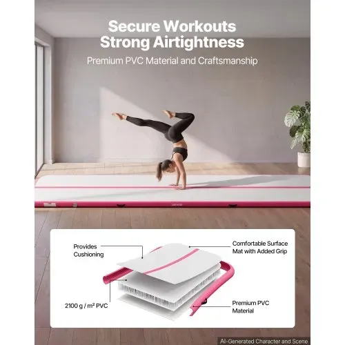 VEVOR Aufblasbare Gymnastikmatte 600x100x10 cm Airtrack-Turnmatte für Training, Wettkampfsport & Yoga, mit Rutschfester Oberfläche, 600-W-Elektroluftpumpe, Reparaturflicken, Düsen & Tasche, Pink – Bild 2