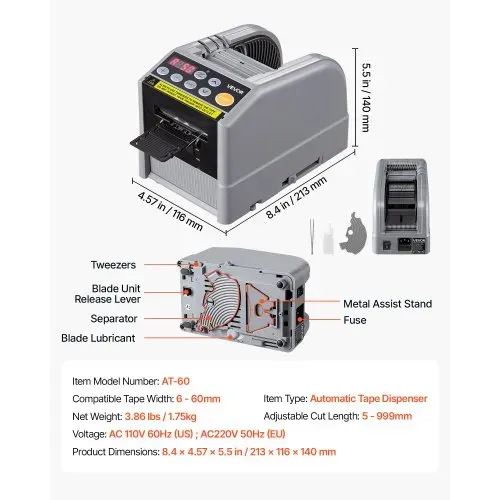 VEVOR Automatischer Klebebandspender mit 5-999mm Einstellbare Schnittlänge, Elektrischer Klebebandschneider für Verpackung Lagerung, 6-60mm Bandbreite, Geeignet für Bänder & Schleifen, Tastensteuerung – Bild 6