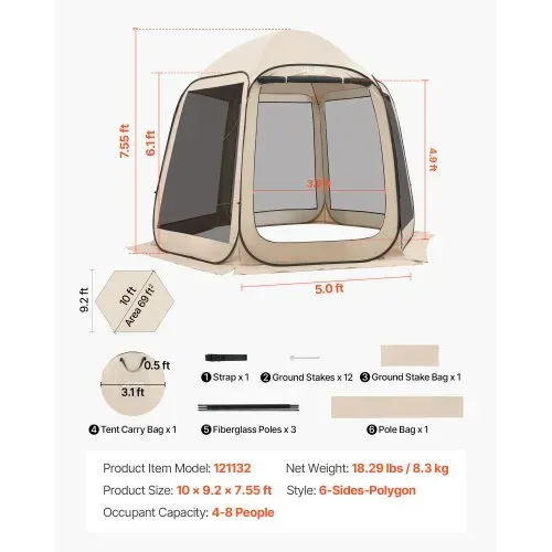 VEVOR Pop up Zelt, 3304,8x280,4 cm, Campingzelt für 4–8 Personen, Partyzelt inklusive Tragetasche, Seitenwänden aus Netz und Heringen, für Garten, Terrasse und Outdoor-Aktivitäten, Beige – Bild 6