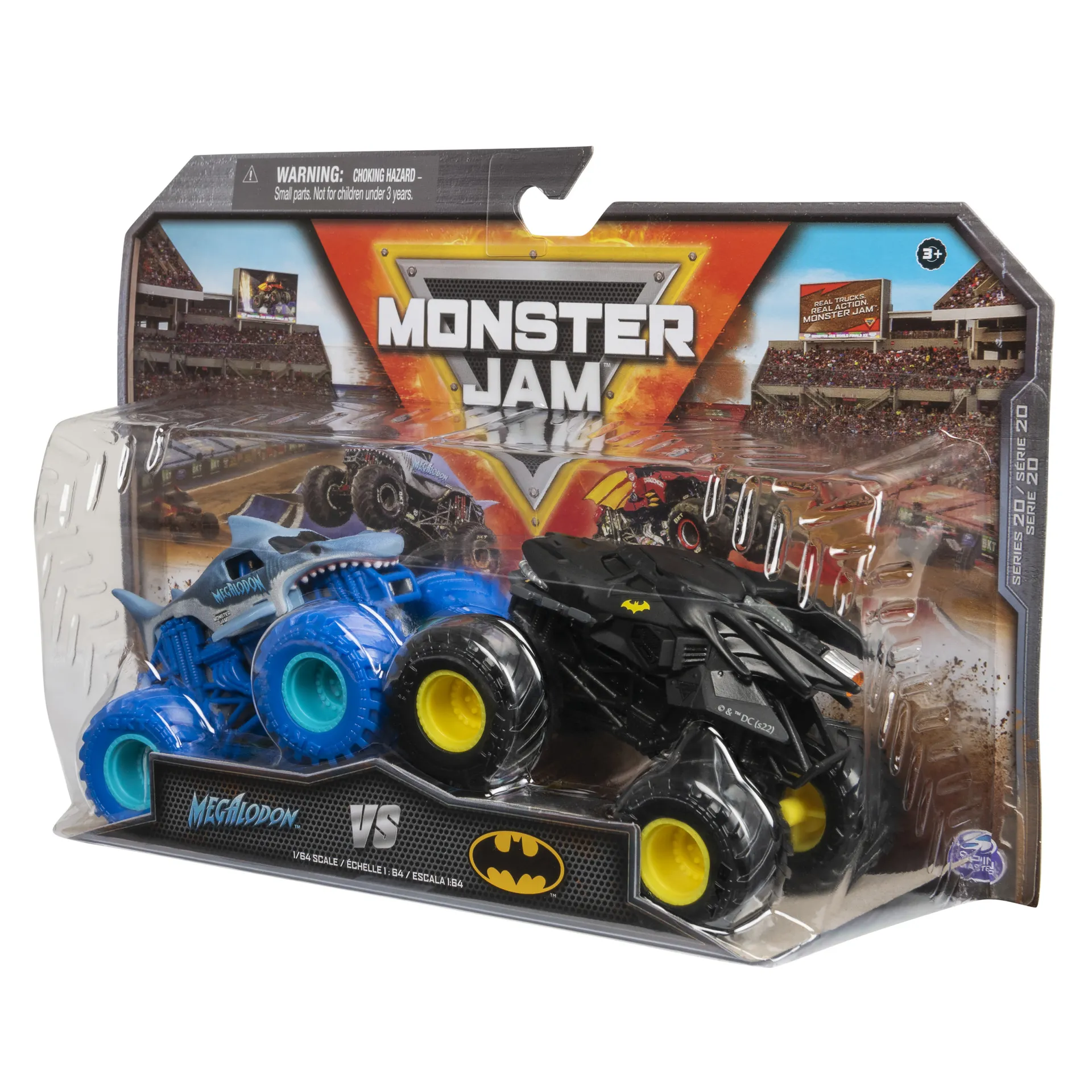 Monster Jam - Batmobil vs. Megalodon Zweier-Pack, Original Monster Trucks im Maßstab 1:64, Sammelbare Stunt-Fahrzeuge für Kinder ab 3 Jahren – Bild 5