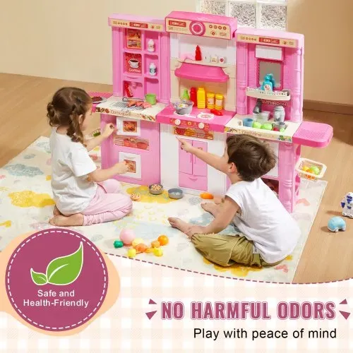 VEVOR Kinderküchen-Spielset, 3-in-1-Kleinkinderküche mit simuliertem Sprühnebel, Geräuschen & Lichtern, Spielküchenset mit 74-teiligem Kochzubehörset für Kinder im Alter von 3–8 Jahren, pink – Bild 3