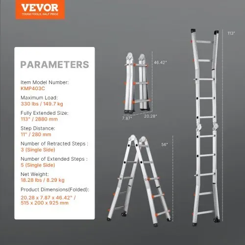 VEVOR Teleskopleiter mit A-Rahmen, 2880 mm kompakte Aluminium-Ausziehleiter, tragbare zusammenklappbare Mehrzweckleiter, Anlegeleiter für Hausaufgaben, Treppen, Innen- & Außendächer, bis 150 kg – Bild 6
