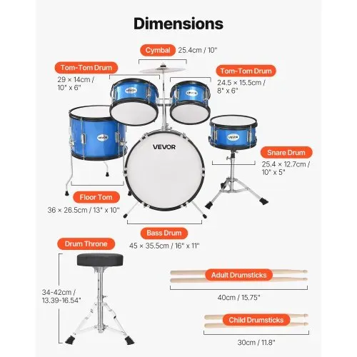 VEVOR Schlagzeug Set, 5-teilig, inkl. 40,6 cm Basstrommel, 25,4 cm Snare, 20,3 cm & 25,4 cm Tomtoms, 33 cm Standtom, 25,4 cm Crash-Becken & 20,3 cm Hi-Hat, für Kinder von 6–13 Jahren, Blau – Bild 2
