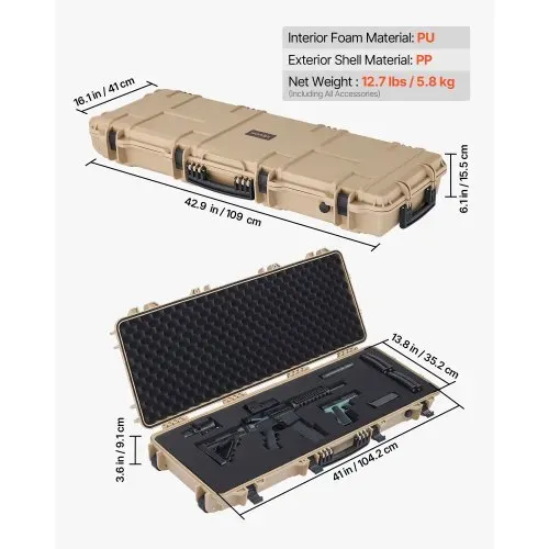 VEVOR Waffenkoffer mit Hartschale für Langwaffen, abschließbarer Gewehrkoffer mit vorgeschnittenen Schaumstoffen, Langwaffenkoffer Waffenaufbewahrung rollbar IP67 wasserfest, 109 x 41 x 15,5 cm Khaki – Bild 2