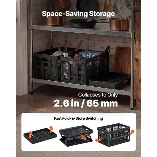 VEVOR Klappbox 45 L 3er-Pack, Faltbare Aufbewahrungsboxen aus Kunststoff, Stapelbare Klappkörbe mit Griffen, Tragkraft 15 kg pro Box, Klappkiste, Ideal für Haushaltsorganisation, Schwarz – Bild 3