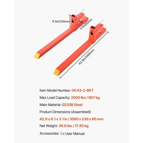 VEVOR Palettengabeln, 907 kg Gabelträger zum Anklemmen, 1090 mm Gesamtlänge, Gabelzinken mit Schnellbefestigung, kompatibel mit Traktoranbaugeräten, Ladeschaufel und Kompaktlader, Orange – Bild 6
