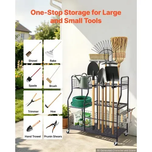 VEVOR Gartengeräte Ständer 1050x435x1005mm Gerätehalter mit Rollen Schwarz, Aufbewahrungsregal für Garage Schuppen Garten, Stahl-Organizer für Besen, mit 3 Ablagefächern Haken & Doppelschichtschlitzen – Bild 4