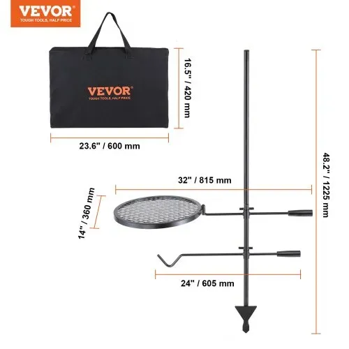 VEVOR Drehspieß Schwenkgrill Stahl 360 x 360 mm, Holzkohlegrill Doppelte Schichten Grillrost Grillgestell 6 kg Belastbarkeit 300 ℃ Freistehend Spießbratengrill BBQ Grill Grillwagen Barbecue Outdoor – Bild 6