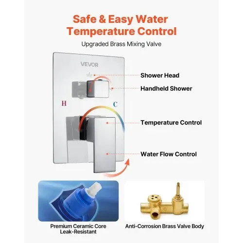 VEVOR Duscharmatur Regenduschsystem fürs Badezimmer Duschsystem mit 305 mm quadratischen Regenduschkopf & Handbrause, wandmontierte Badezimmerarmaturen mit Messingventil & Zierset, Silberchrom – Bild 4