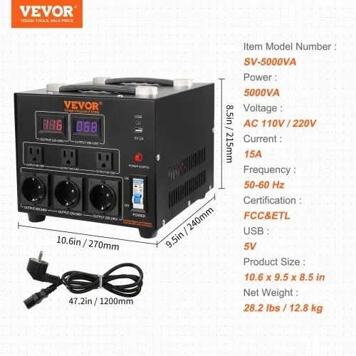 VEVOR 5000W Spannungswandler Transformator AC 110V⇋220V Transformer Wandler 3x US NEMA 5-15R 3-polige / 3x europäische Shucko-Ausgangssteckdosen, 1x 5V-USB-Anschluss und 1x Typ-C-Buchse – Bild 6