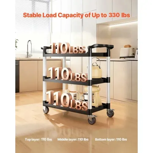 VEVOR Mehrzweckwagen, 226 kg Tragkraft, 3-stufiger Universalwagen aus Kunststoff mit 360° Schwenkrädern (2 mit Bremse), 106x49x98 cm großer Servierwagen für Lager, Büro, Zuhause, Restaurant, Küche VEVOR Mehrzweckwagen, 226 kg Tragkraft, 3-stufiger Universalwagen aus Kunststoff mit 360° Schwenkrädern (2 mit Bremse), 106x49x98 cm großer Servierwagen für Lager, Büro, Zuhause, Restaurant, Küche