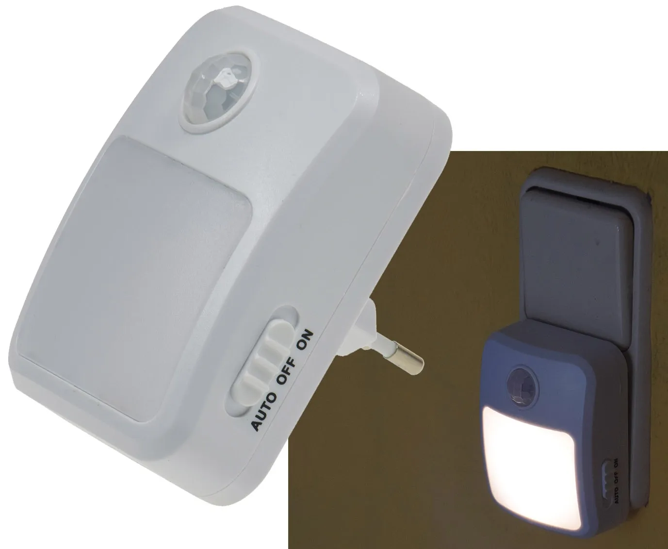 LED Nachtlicht mit Bewegungsmelder 230V, 6 weiße LEDs, On/Off/Auto LED Nachtlicht mit Bewegungsmelder 230V, 6 weiße LEDs, On/Off/Auto