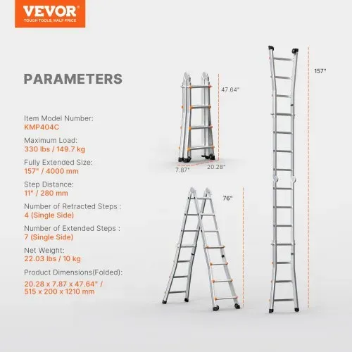 VEVOR Teleskopleiter mit A-Rahmen, 4 m Aluminium-Ausziehleiter, multifunktionale zusammenklappbare Wohnmobilleiter, Teleskopleiter für Hausaufgaben, Treppen, Innen- & Außendächer, 150 kg Tragkraft – Bild 6