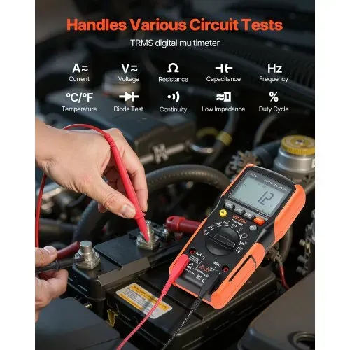 VEVOR Digitalmultimeter, 6000-Count TRMS DC/AC-Voltmeter-Stromtester, automatischer Bereichswahl für Strom, Spannung, Widerstand, Kapazität, Temperatur, Dioden, Durchgang, niedrige Impedanzmessung VEVOR Digitalmultimeter, 6000-Count TRMS DC/AC-Voltmeter-Stromtester, automatischer Bereichswahl für Strom, Spannung, Widerstand, Kapazität, Temperatur, Dioden, Durchgang, niedrige Impedanzmessung