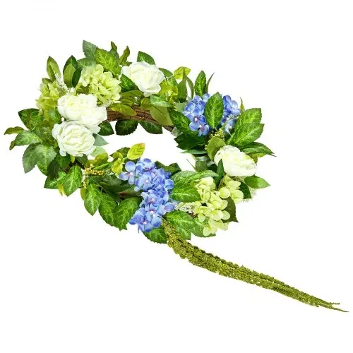 VEVOR Künstlicher Dekokranz, 58,42cm, Blau-Weiß-Grün, dekoriert mit Hortensien, Rosen, Beeren, Ranken, Türkranz ganzjährig, für drinnen & draußen, als Dekoration für Hauswände, Fenster & Festivals – Bild 10