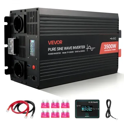 VEVOR 3500 W Wechselrichter, 12 V DC auf 230 V AC, reiner Sinus-Wechselrichter, Solar-Autoladegerät-Konverter mit LCD-Display, Fernbedienung, USB-Anschluss, 2 AC-Steckdosen, Typ-C-Anschluss VEVOR 3500 W Wechselrichter, 12 V DC auf 230 V AC, reiner Sinus-Wechselrichter, Solar-Autoladegerät-Konverter mit LCD-Display, Fernbedienung, USB-Anschluss, 2 AC-Steckdosen, Typ-C-Anschluss