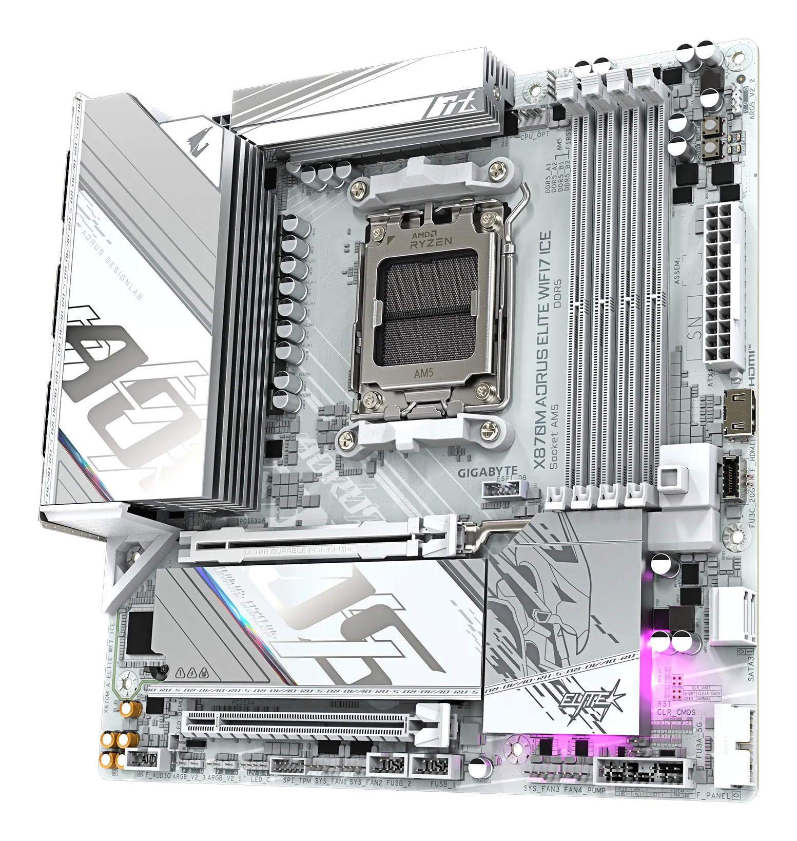GIGABYTE X870M AORUS ELITE WIFI7 ICE Mainboard – Unterstützt AMD Ryzen 9000 CPUs, digitales 14+2+2-Phasen-VRM, bis zu 8200 Hz DDR5 (O.C), 1× PCIe 5.0 + 1× PCIe 4.0, Wi-Fi 7, 2.5-GbE-LAN, USB 4 – Bild 3
