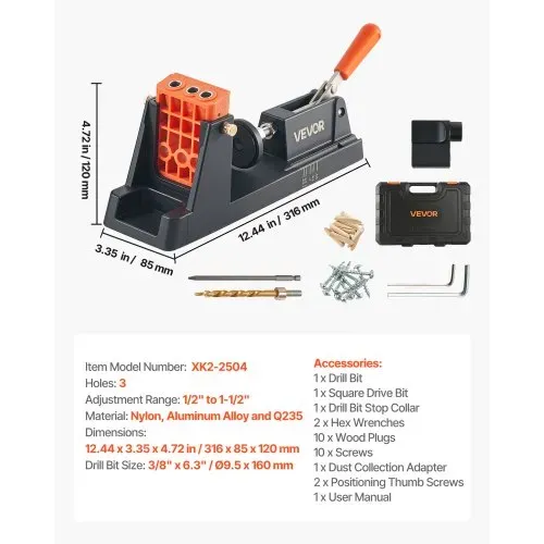 VEVOR Pocket Hole Jig, 12,7 bis 38,1mm, Schrägloch Positionierer, Taschenlochbohrlehren-Set mit Staubabsaugungsadapter, Abnehmbarem Führungsblock, Bohrer, Anschlagring, für Holzbearbeitung – Bild 6