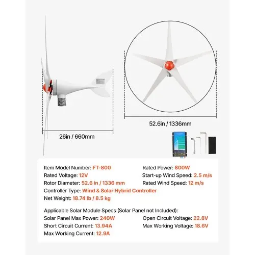 VEVOR 800W 12V Horizontale Windkraftanlage Windgenerator mit MPPT & PWM, 5 Rotorblätter, 3-Phasen-Wechselstrom, IP67 & Überladeschutz, Wind- & Solar-Hybridregler, Windturbine für Wohnhaus RV Marine – Bild 6