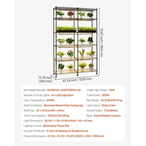 VEVOR Pflanzenregal mit Wachstumslicht, 6-stufiger doppelreihiger Pflanzenständer für Zimmerpflanzen mit Rädern & Timer, 200-W-Vollspektrum-Lichter, Blumenregal für Samenanzucht, 120x35x180cm – Bild 6
