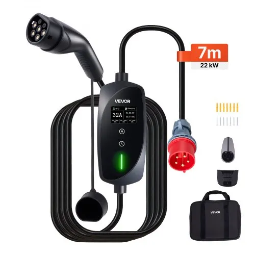 VEVOR Mobile Wallbox, 22 kW, 32 A, Typ 2 Ladestation für Elektrofahrzeuge, 3-Phasig-Ladegerät mit 7 m Ladekabel, CEE32-Stecker, LCD-Bildschirm, IP66-Steuerbox, für Elektrofahrzeuge VEVOR Mobile Wallbox, 22 kW, 32 A, Typ 2 Ladestation für Elektrofahrzeuge, 3-Phasig-Ladegerät mit 7 m Ladekabel, CEE32-Stecker, LCD-Bildschirm, IP66-Steuerbox, für Elektrofahrzeuge