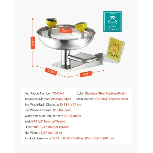 VEVOR Augenspülstation 27 cm, wandmontierte Augendusche aus Edelstahl, Notfallwaschbecken 410x330x240 mm, Augenreinigungsgerät, ideal für Labore, Fabriken, Schulen, Baustellen – Bild 6