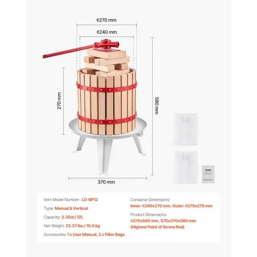 VEVOR Obstweinpresse Obstmühle (12 L) mit Massivholzkorb mit 8 Blöcken, robuster manueller Entsafter, Apfelweinpresse Apfelpresse Traubenpresse Olivenölpresse mit Griff Saftpresse für Küche – Bild 6