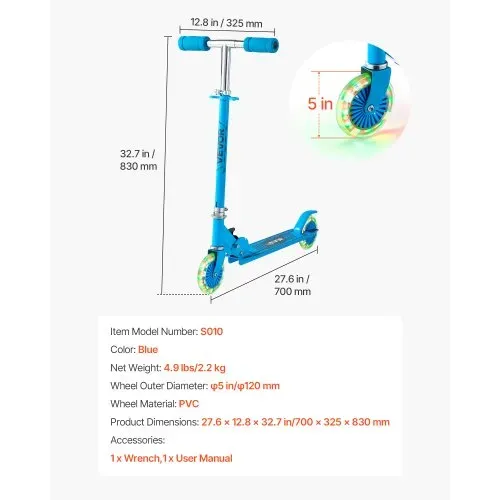 VEVOR Scooter (2 Räder) für Kinder ab 3 Jahren, Cityroller Kinderroller mit leuchtenden Rädern & höhenverstellbarem Lenker & rutschfestem Deck & faltbarem Rahmen, Tretroller bis zu 50 kg, Blau – Bild 6